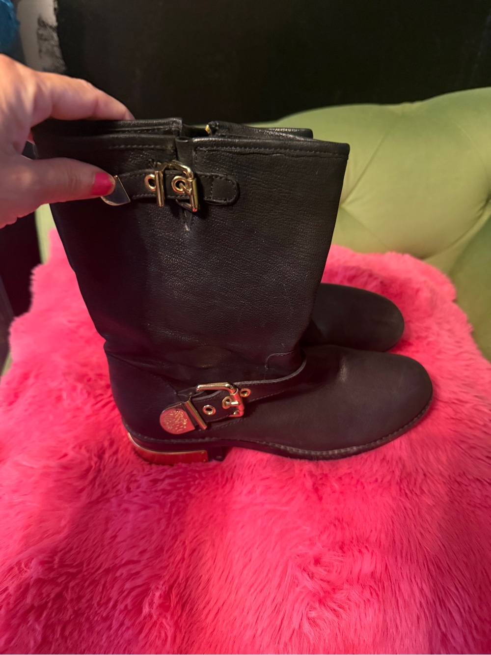 Vince Camuto Black Leather Mid-Calf Boots with Gold Buckle Hardware